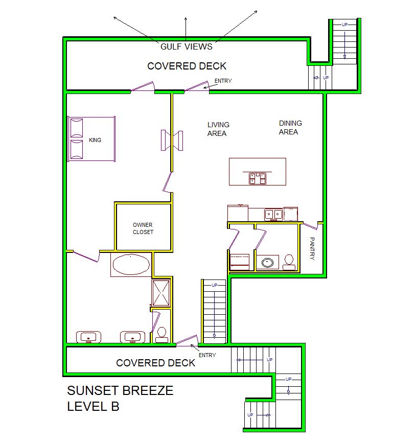 A level B layout view of Sand 'N Sea's beachside house vacation rental in Galveston named Sunset Breeze